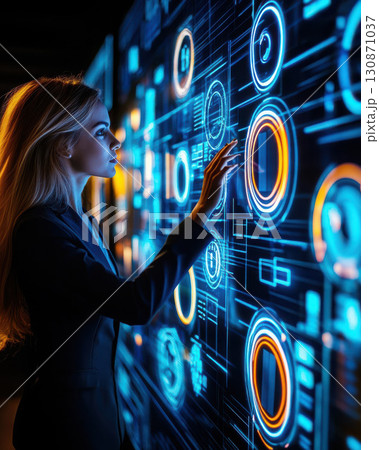 Businesswoman interacts with futuristic digital interface. 130871037