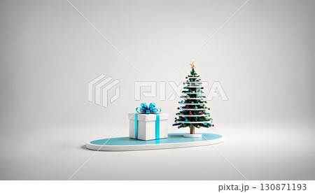 Holiday gift box with blue ribbon and a small tree 130871193