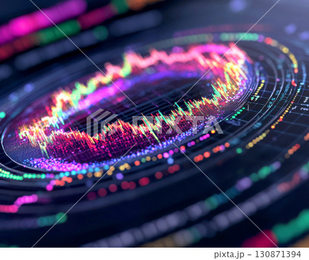 Vibrant data visualization with colorful graphical patterns. 130871394