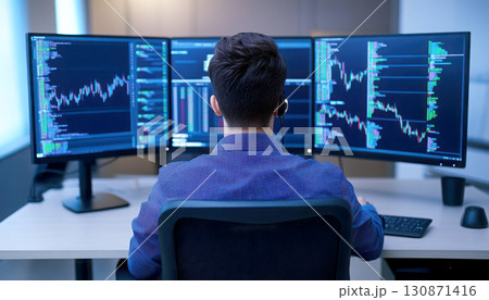 Professional working on multiple screens analyzing data trends. 130871416
