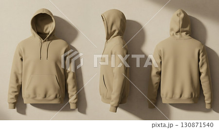 Stylish Beige Hoodie Displayed from Front, Side, and Back Views	 130871540