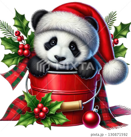Panda bear in a red bucket surrounded by festive holiday decorations. Panda bear in a red bucket surrounded by festive holiday decorations. 130871592