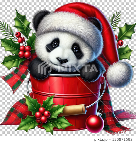 Panda bear in a red bucket surrounded by festive holiday decorations. Panda bear in a red bucket surrounded by festive holiday decorations. 130871592