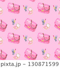 Seamless pattern with handbags and makeup on pink background 130871599