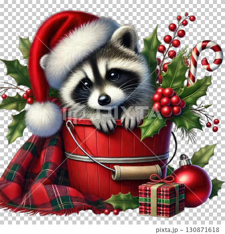 Cute raccoon in a festive bucket with Christmas decorations, isolated on white. Cute raccoon in a festive bucket with Christmas decorations, isolated on white. 130871618