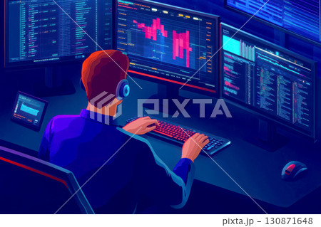 Person analyzing data on dual monitors in a dark room. Person analyzing data on dual monitors in a dark room. 130871648