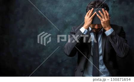 A business man displaying stress and anxiety in a dark setting. 130871654