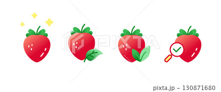 Fresh Strawberry Icon Set: Shiny Berry, Leaves Variations and Quality Check Isolated Strawberry Icons Collection. Fresh Strawberry Icon Set: Shiny Berry, Leaves Variations and Quality Check Isolated Strawberry Icons Collection. 130871680