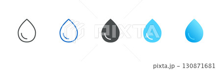 Water Drop Icon Set: Outline, Filled and Gradient Blue Droplets for Hydration, Rain and Nature Themes 130871681
