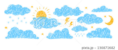 Cloud pastel pencil. Weather forecasts elements drawn by colored crayon. Childish texture. Hand drawn vector illustration 130871682