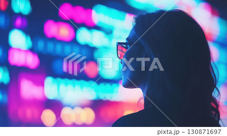 A woman gazes thoughtfully at vibrant neon lights. 130871697
