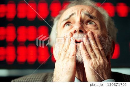 Stressed businessman reacting to declining stock market trends. 130871793