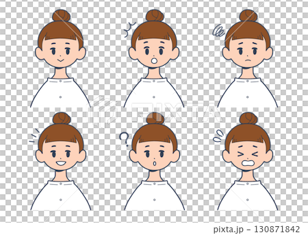 Young woman facial expression icon set, front upper body, simple illustration Young woman facial expression icon set, front upper body, simple illustration 130871842