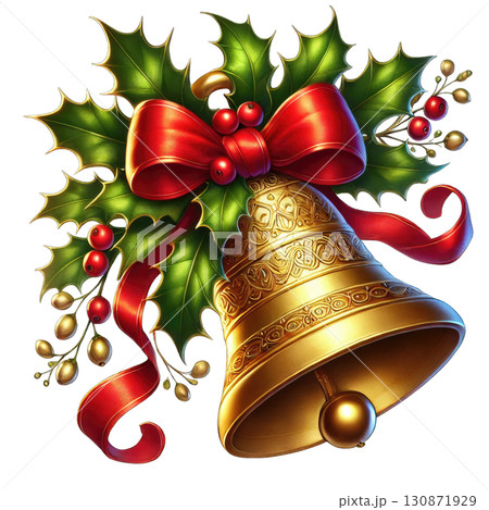 Festive Christmas bell with holly and red ribbon, ideal for holiday designs. 130871929