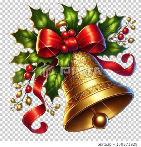 Festive Christmas bell with holly and red ribbon, ideal for holiday designs. 130871929