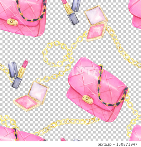 seamless pattern with handbags, lipstick and gold chain watercolor seamless pattern with handbags, lipstick and gold chain watercolor 130871947