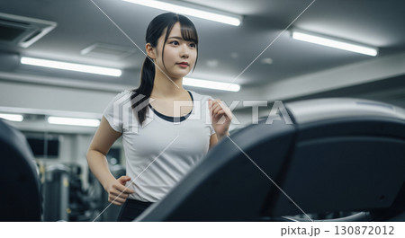 ランニングマシーンで走る若い女性 130872012