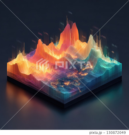 3D colorful data visualization with glowing peaks and valleys 3D colorful data visualization with glowing peaks and valleys 130872049