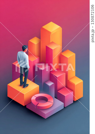 Man standing orange block with colorful 3d bar chart and pie chart 130872106