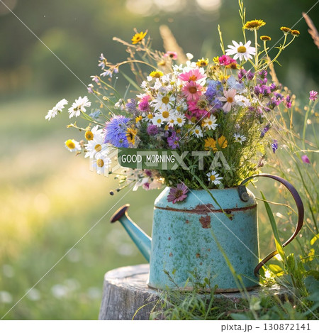 Rustic Wildflowers in a Teapot. An AI-generated image of a colorful wildflower bouquet in a rustic, weathered turquoise teapot. Perfect for morning, spring, and nature themes. 130872141