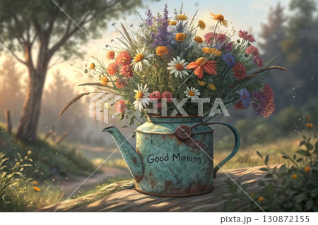 Rustic Wildflowers in a Teapot. An AI-generated image of a colorful wildflower bouquet in a rustic, weathered turquoise teapot. Perfect for morning, spring, and nature themes. 130872155