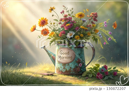 Rustic Wildflowers in a Teapot. An AI-generated image of a colorful wildflower bouquet in a rustic, weathered turquoise teapot. Perfect for morning, spring, and nature themes. 130872207