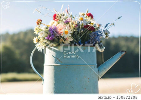 Rustic Wildflowers in a Teapot. An AI-generated image of a colorful wildflower bouquet in a rustic, weathered turquoise teapot. Perfect for morning, spring, and nature themes. 130872208