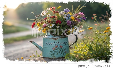 Rustic Wildflowers in a Teapot. An AI-generated image of a colorful wildflower bouquet in a rustic, weathered turquoise teapot. Perfect for morning, spring, and nature themes. 130872313