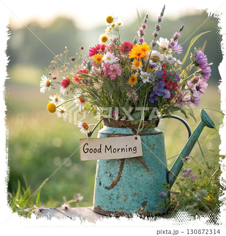 Rustic Wildflowers in a Teapot. An AI-generated image of a colorful wildflower bouquet in a rustic, weathered turquoise teapot. Perfect for morning, spring, and nature themes. 130872314