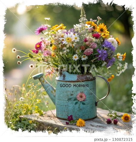 Rustic Wildflowers in a Teapot. An AI-generated image of a colorful wildflower bouquet in a rustic, weathered turquoise teapot. Perfect for morning, spring, and nature themes. 130872315