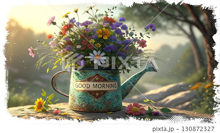 Rustic Wildflowers in a Teapot. An AI-generated image of a colorful wildflower bouquet in a rustic, weathered turquoise teapot. Perfect for morning, spring, and nature themes. 130872327