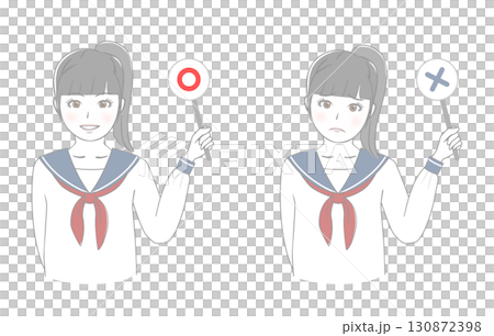 一名女學生拿著對勾和十字標記板 一名女學生拿著對勾和十字標記板 130872398