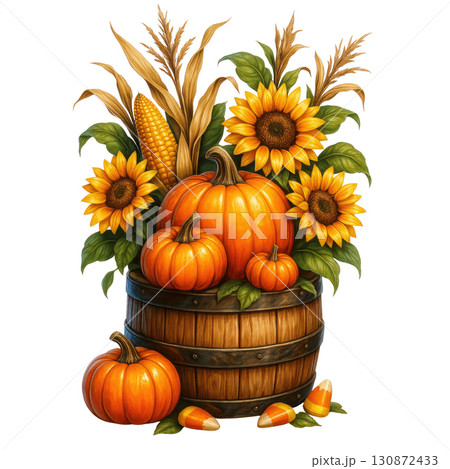 Autumn harvest with pumpkins, sunflowers, and corn in wooden barrel Autumn harvest with pumpkins, sunflowers, and corn in wooden barrel 130872433