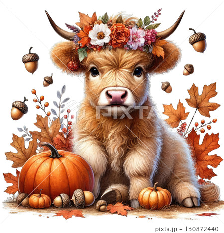A charming calf adorned with a floral crown and surrounded by autumn leaves and pumpkins, embodying fall's cozy spirit. 130872440