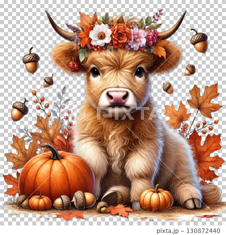 A charming calf adorned with a floral crown and surrounded by autumn leaves and pumpkins, embodying fall's cozy spirit. 130872440