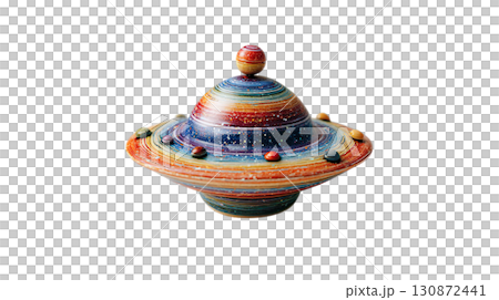 透明背景にカラフルな円盤型UFOの3Dイラスト 130872441