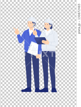 一名男女工人在建築工地開會並檢查 130872483