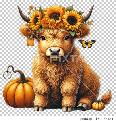 Cute Highland cow adorned with sunflowers, surrounded by pumpkins, perfect for autumn-themed designs and illustrations. 130872484