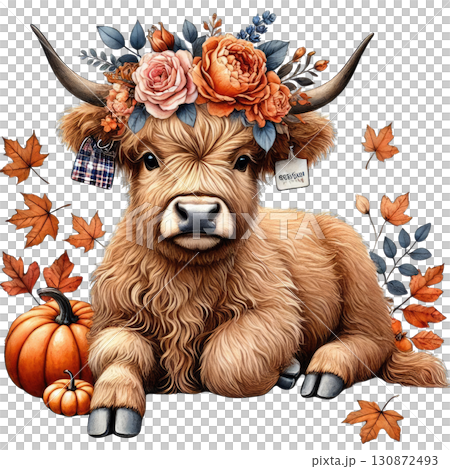 Charming Highland calf adorned with flowers and autumn leaves, perfect for seasonal decor and nature-themed designs. 130872493