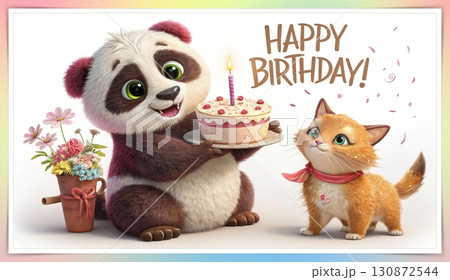 Birthday concept. Happy birthday! text. A playful, big eyed, furry, and colorful panda holding a candlelit cake, a dog, and a cat holding a bouquet of flowers. 130872544