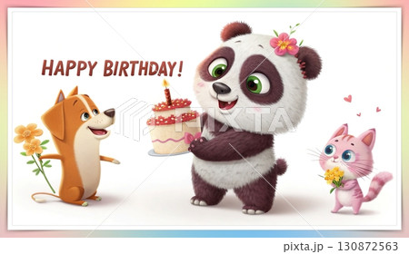 Birthday concept. Happy birthday! text. A playful, big eyed, furry, and colorful panda holding a candlelit cake, a dog, and a cat holding a bouquet of flowers. 130872563