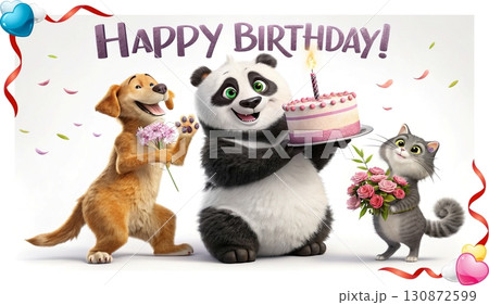 Birthday concept. Happy birthday! text. A playful, big eyed, furry, and colorful panda holding a candlelit cake, a dog, and a cat holding a bouquet of flowers. 130872599