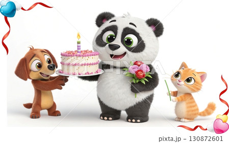 Birthday concept. Happy birthday! text. A playful, big eyed, furry, and colorful panda holding a candlelit cake, a dog, and a cat holding a bouquet of flowers. 130872601