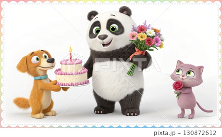 Birthday concept. Happy birthday! text. A playful, big eyed, furry, and colorful panda holding a candlelit cake, a dog, and a cat holding a bouquet of flowers. 130872612