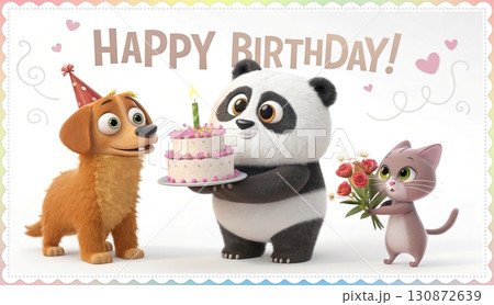 Birthday concept. Happy birthday! text. A playful, big eyed, furry, and colorful panda holding a candlelit cake, a dog, and a cat holding a bouquet of flowers. 130872639