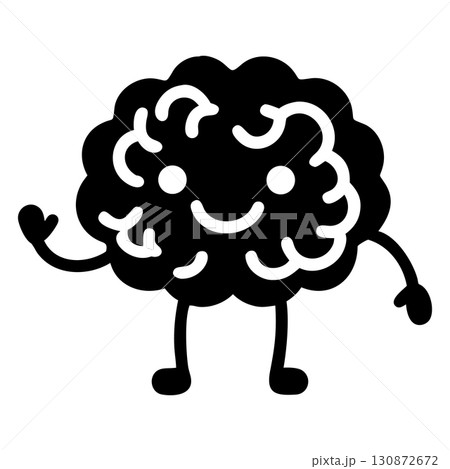 A cartoon brain with a happy smile stands, waving its arm towards you 130872672