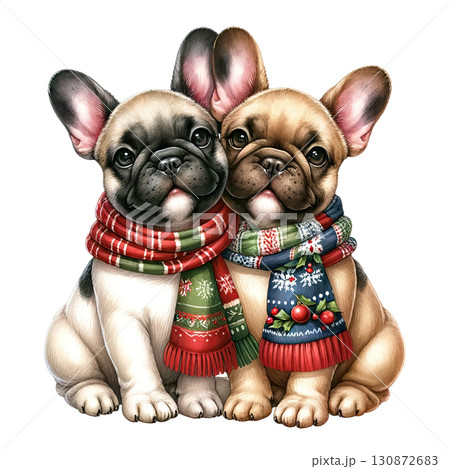 Two French Bulldog puppies with festive scarves, white isolate background. 130872683