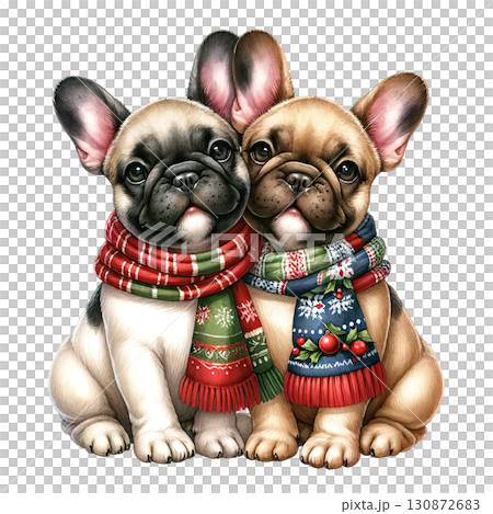 Two French Bulldog puppies with festive scarves, white isolate background. 130872683