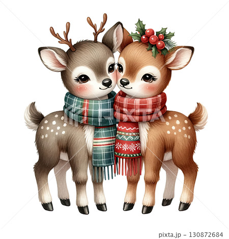 Two cute deer wearing scarves, white isolate background. 130872684