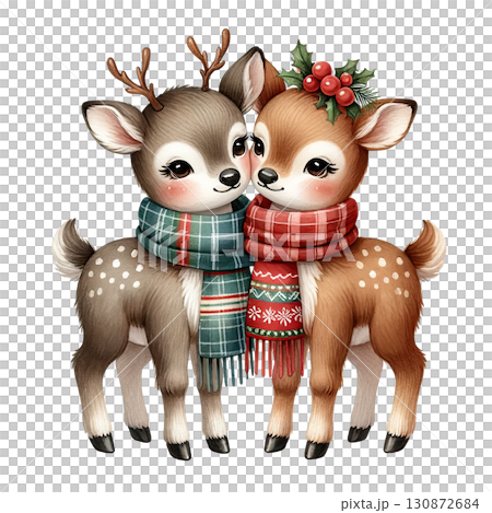 Two cute deer wearing scarves, white isolate background. 130872684